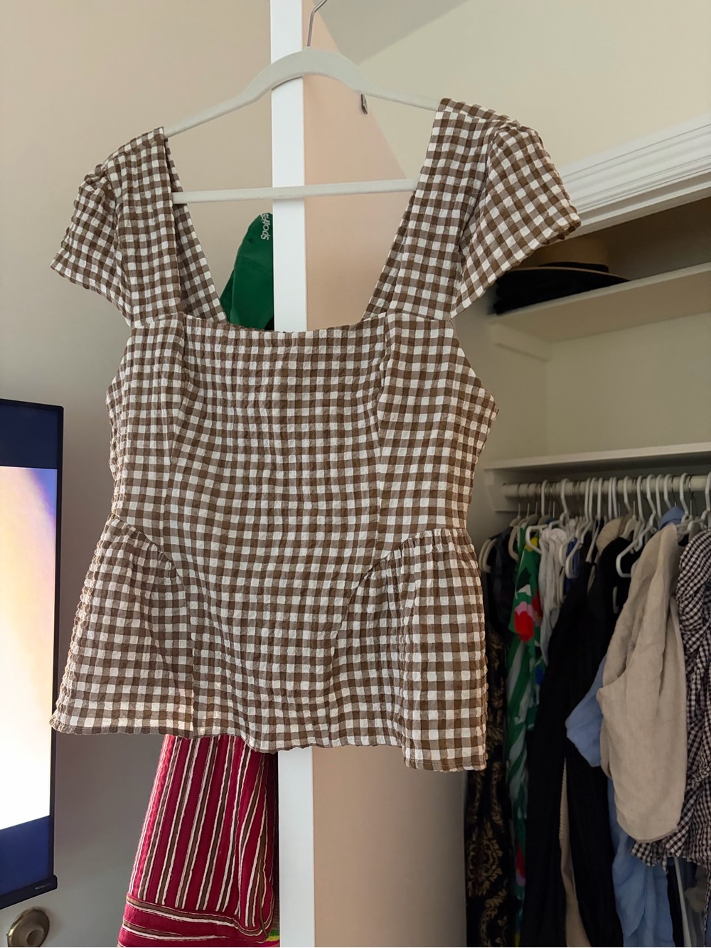 Marks & Spencer Brown and White Gingham Square-Neck Peplum Top